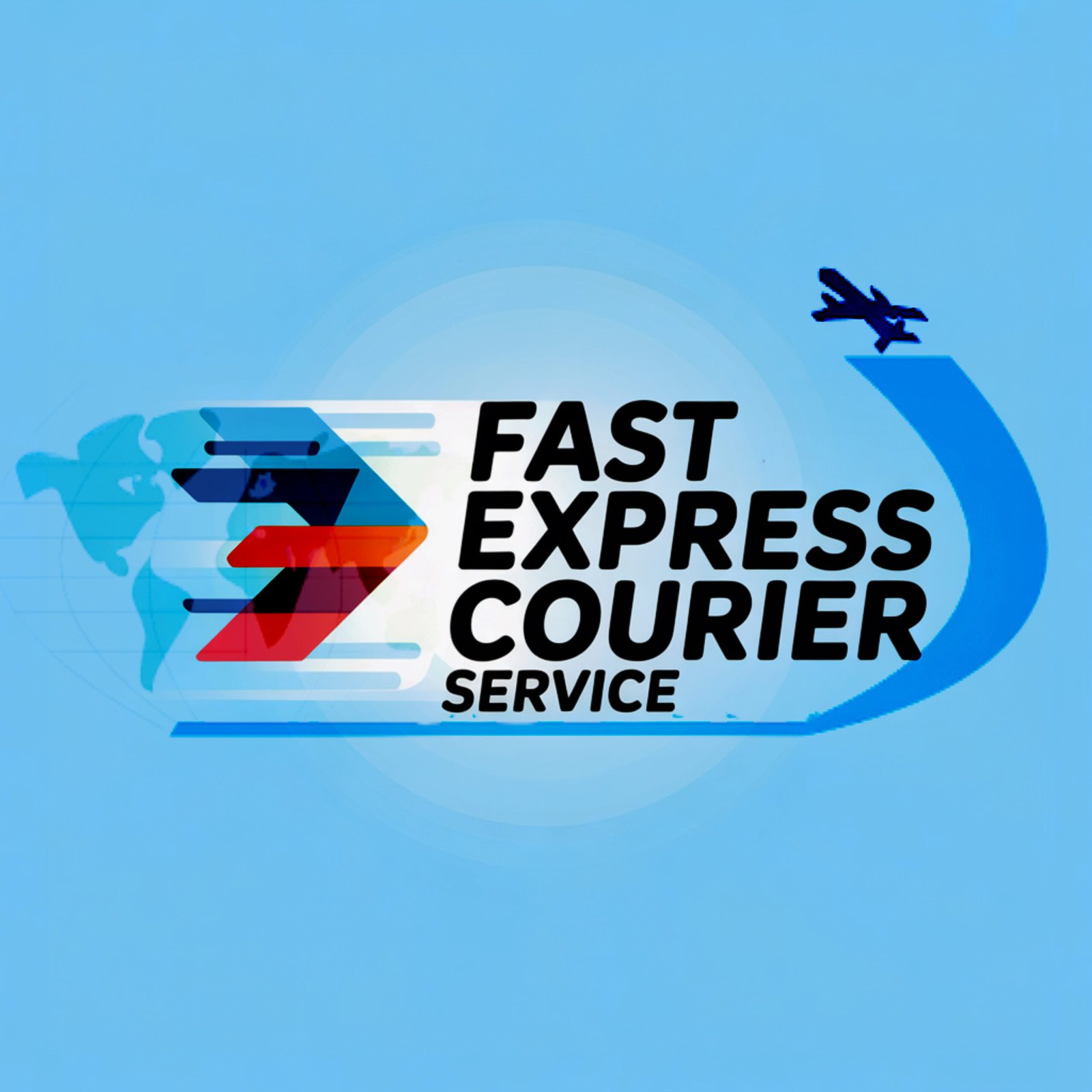 “Logo of FAST EXPRESS showing a world map background and an airplane taking off, representing a global delivery